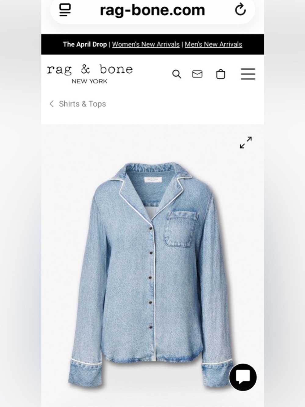 Rag & Bone Miramar Zoe Blue Soft Slink Long Sleeve Lounge Shirt XS/S $238 nwot